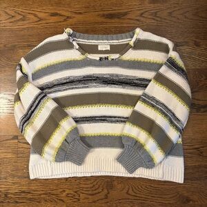 Lou & Grey Striped Knit Sweater Medium Cream Gray Yellow